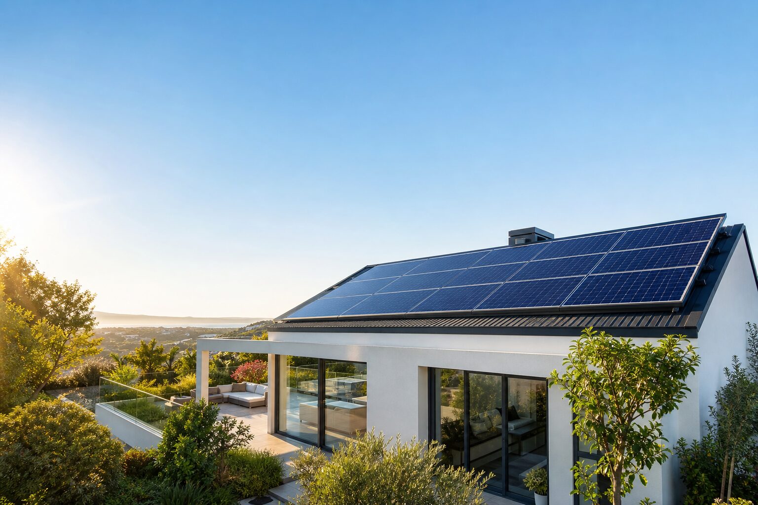Modern home with rooftop solar panels